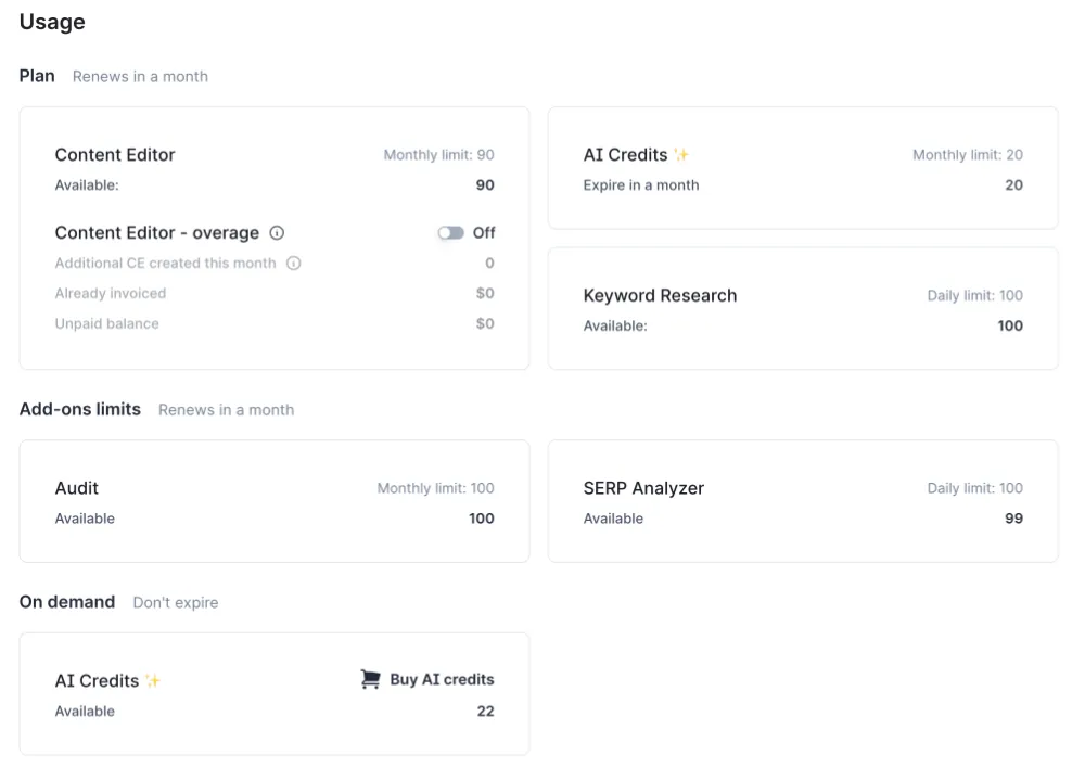 Surfer SEO Subscription Dashboard Credits Renewal