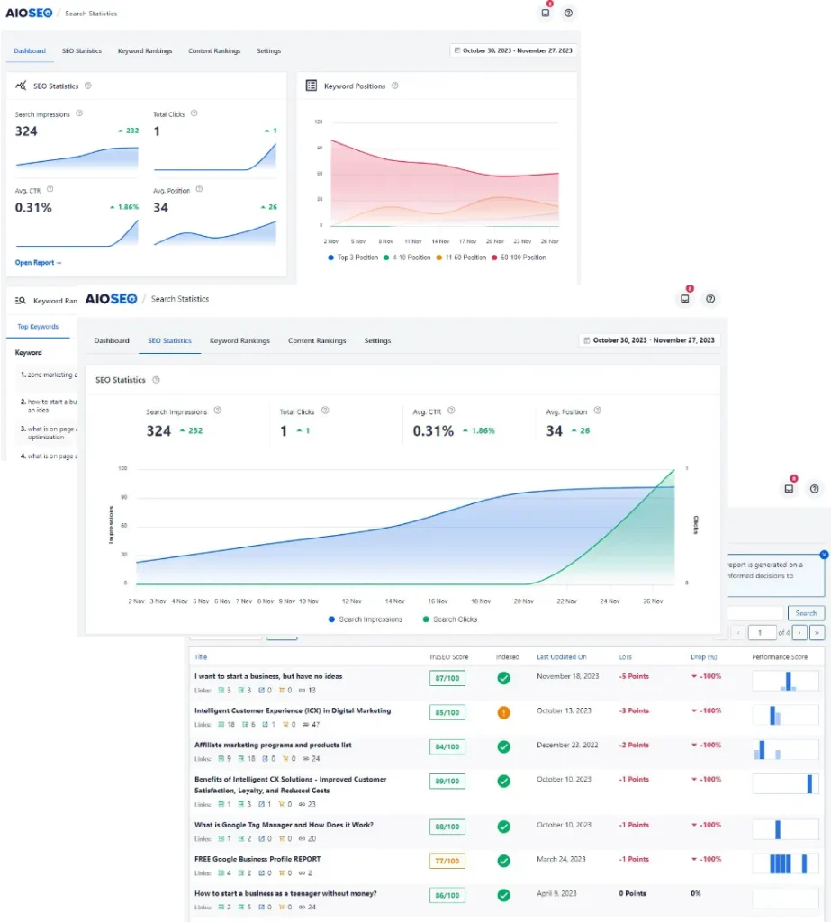 AIOSEO SEO score and ranking statistics overview