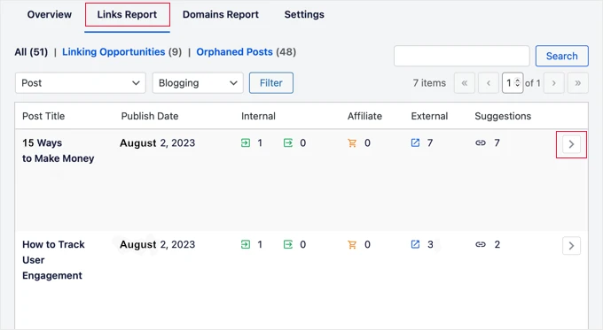 AIOSEO Link Assistant Links Report