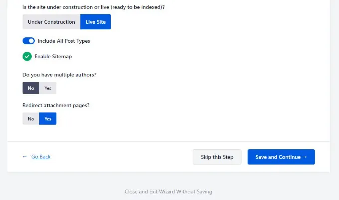 AIOSEO Wizard advanced site search appearance options