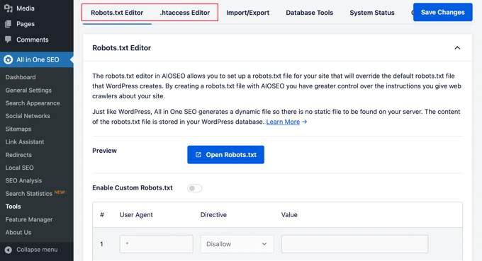 Robotstxt and htaccess file editor in AIOSEO